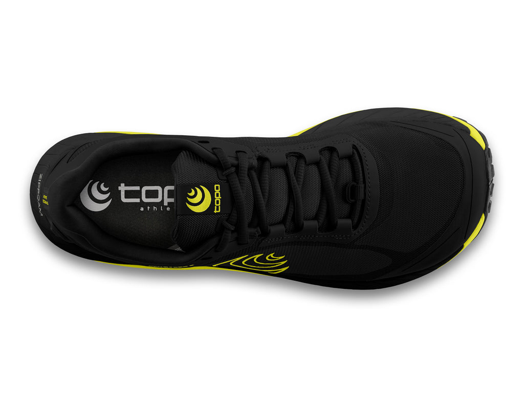 Men's Topo Athletic Mtn Racer 3. Black upper. Green/yellow midsole. Top view