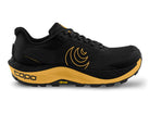 Men's Topo MTN Racer 4. Black upper. Yellow midsole. Lateral view.