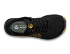 Men's Topo MTN Racer 4. Black upper. Yellow midsole. Top view.