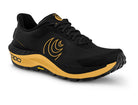 Men's Topo MTN Racer 4. Black upper. Yellow midsole. Lateral view.