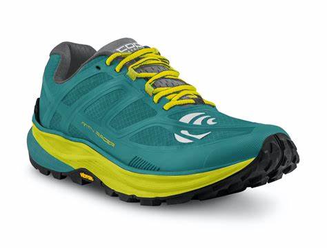 Men's Topo Athletic Mtn Racer. Teal upper. Green/yellow midsole. Lateral view.