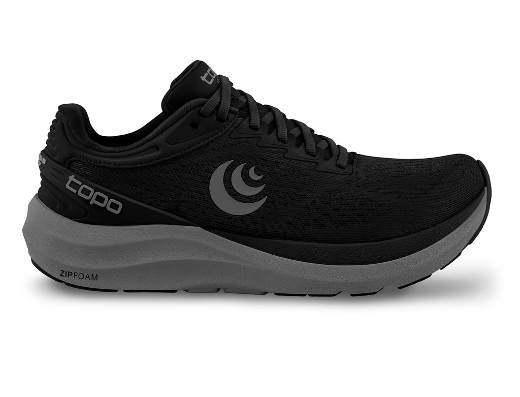 Men's Topo Phantom 3. Black upper. Grey midsole. Lateral view.