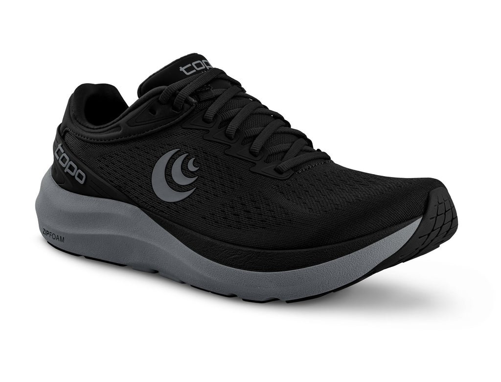 Men's Topo Phantom 3. Black upper. Grey midsole. Lateral view.