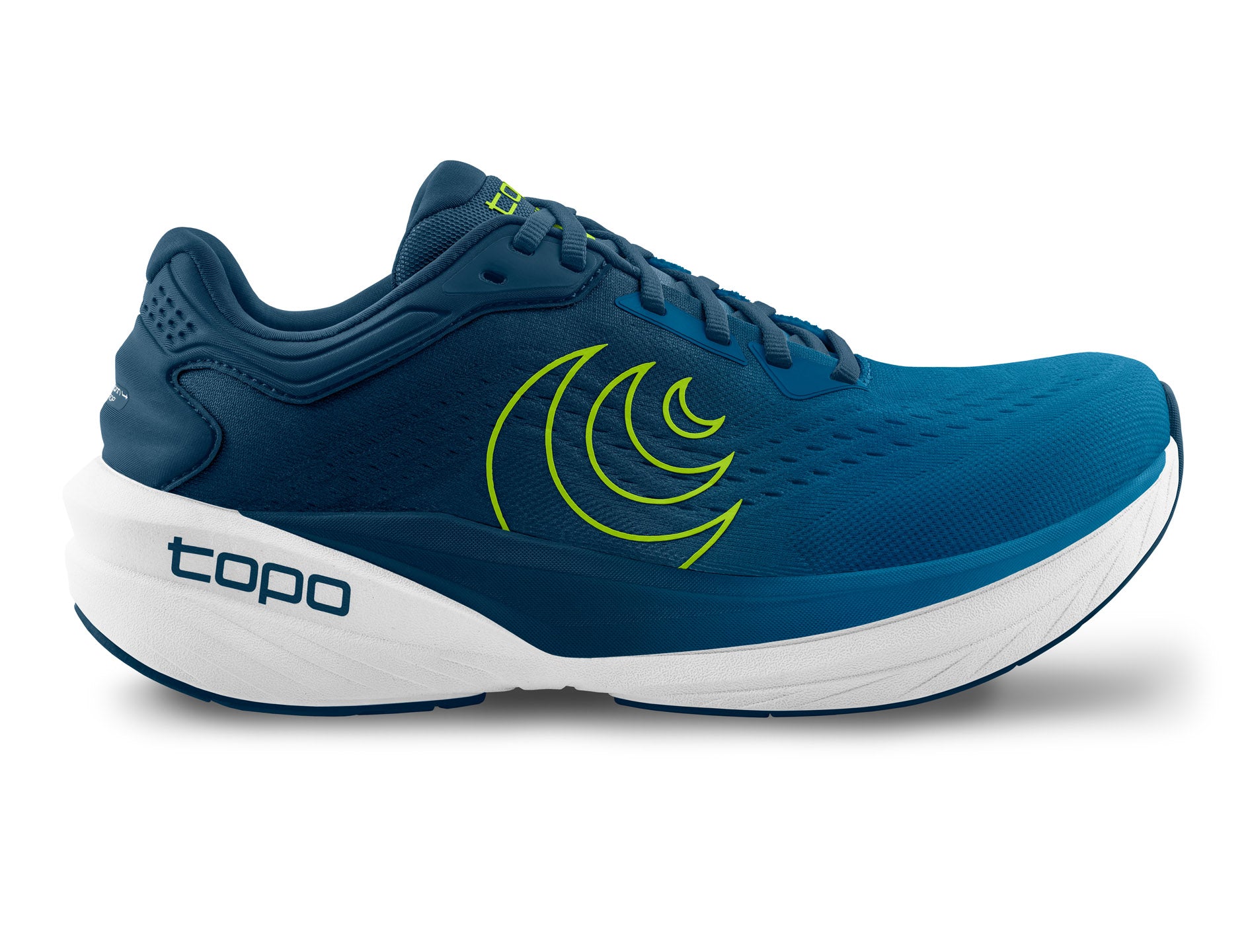 Men's Topo Phantom 4. Blue upper. White midsole. Lateral view.