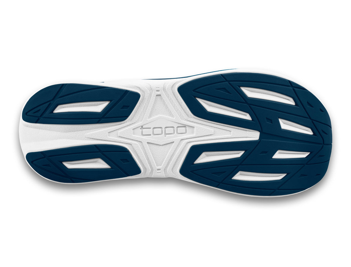 Men's Topo Phantom 4. Blue upper. White midsole. Bottom view.