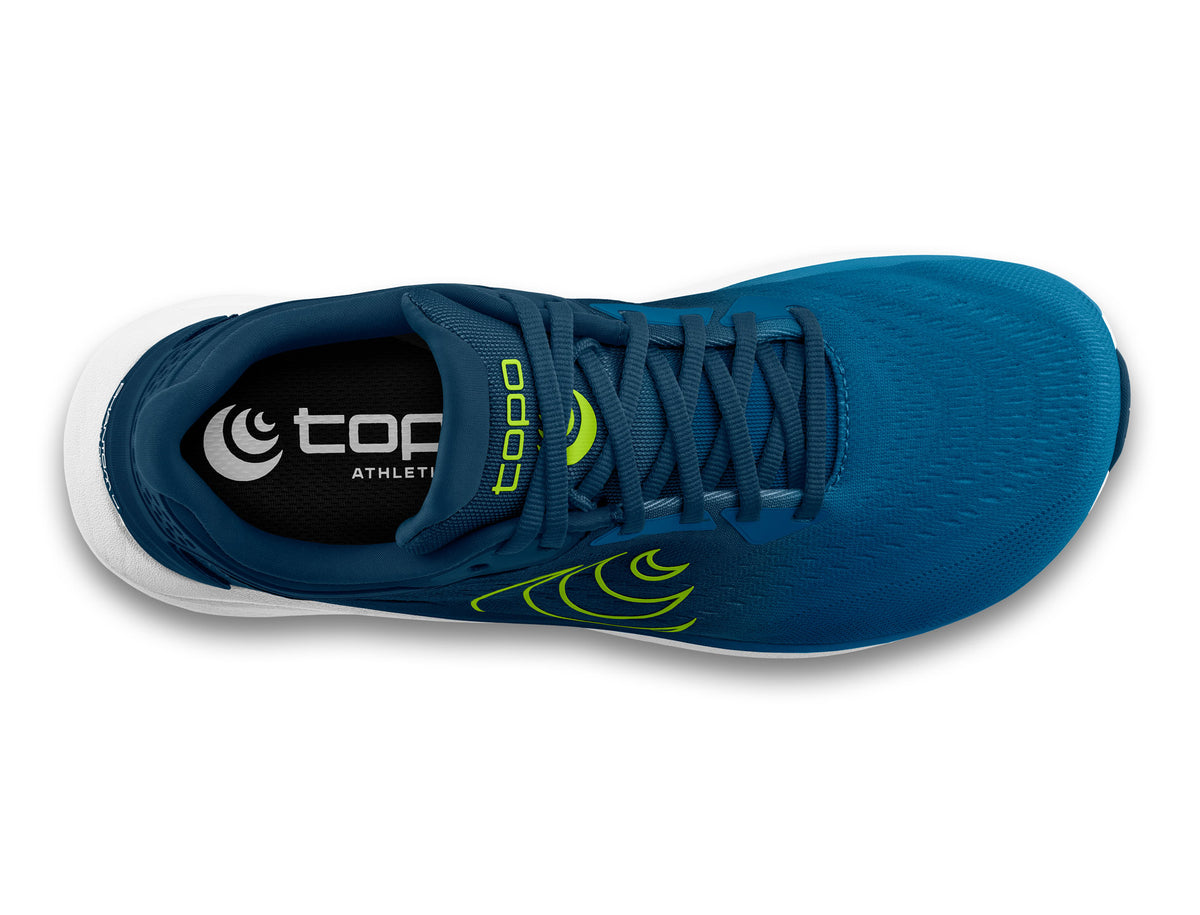 Men's Topo Phantom 4. Blue upper. White midsole. Top view.