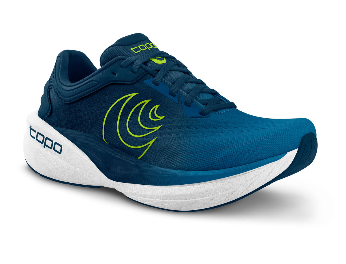 Men's Topo Phantom 4. Blue upper. White midsole. Lateral view.