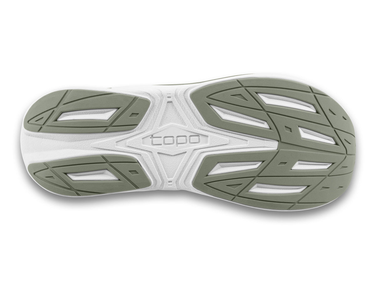 Men's Topo Phantom 4. Tan upper. White midsole. Bottom view.