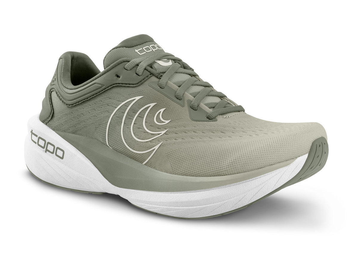 Men's Topo Phantom 4. Tan upper. White midsole. Lateral view.