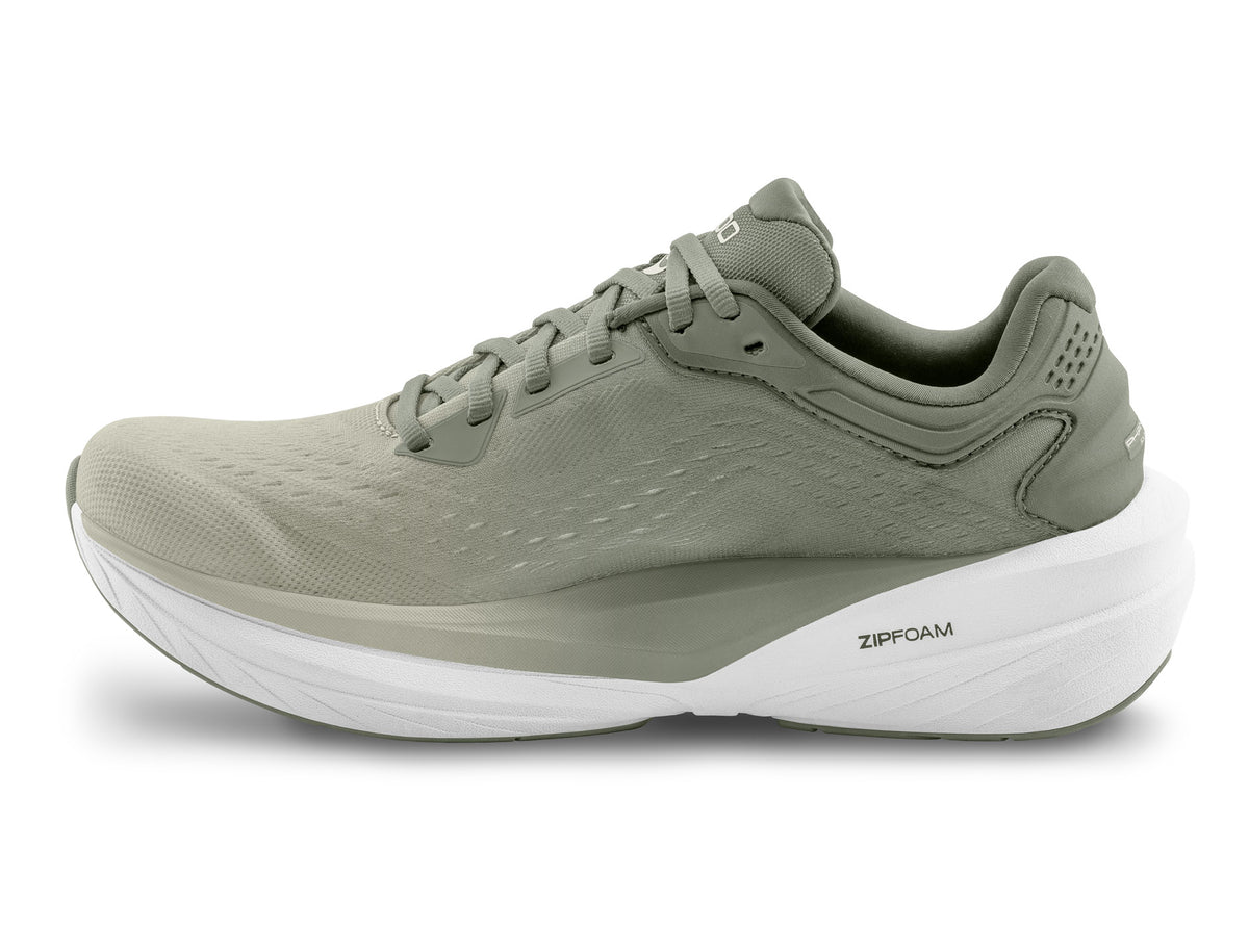 Men's Topo Phantom 4. Tan upper. White midsole. Medial view.