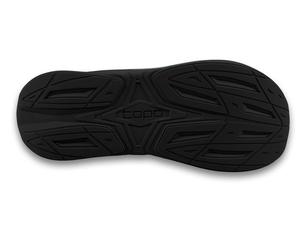 Men's Topo Phantom 4. Dark Grey upper. Black midsole. Bottom view.