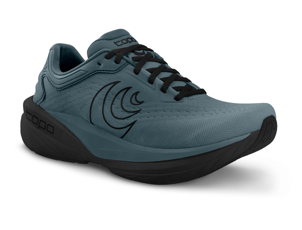Men's Topo Phantom 4. Dark Grey upper. Black midsole. Lateral view.