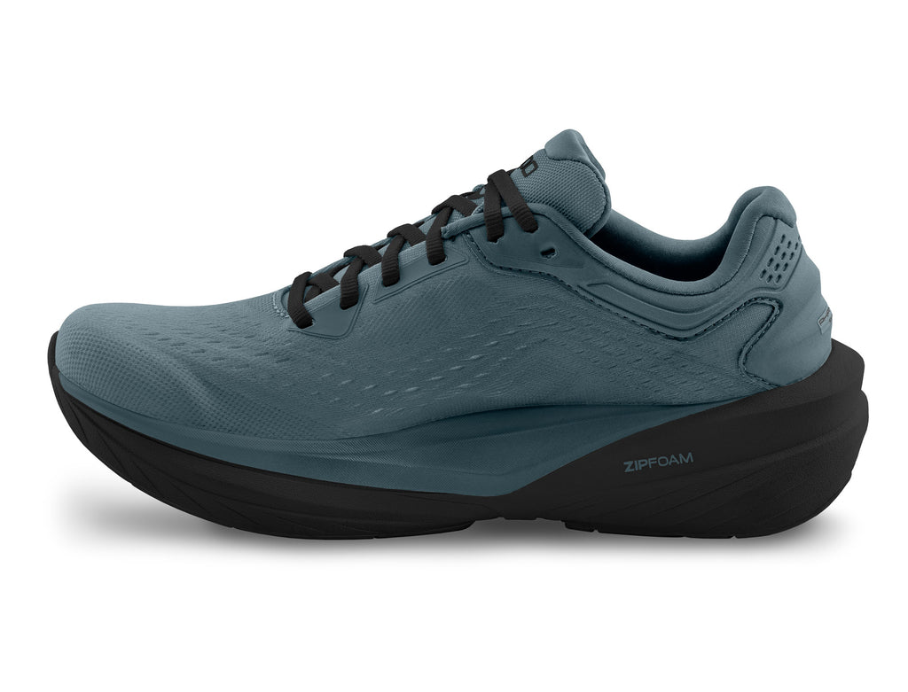 Men's Topo Phantom 4. Dark Grey upper. Black midsole. Medial view.
