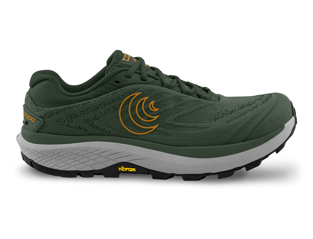 Men's Topo Pursuit 3. Green upper. Grey midsole. Lateral view.