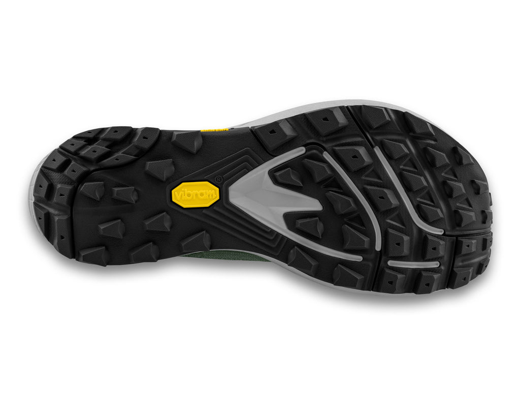 Men's Topo Pursuit 3. Green upper. Grey midsole. Bottom view.