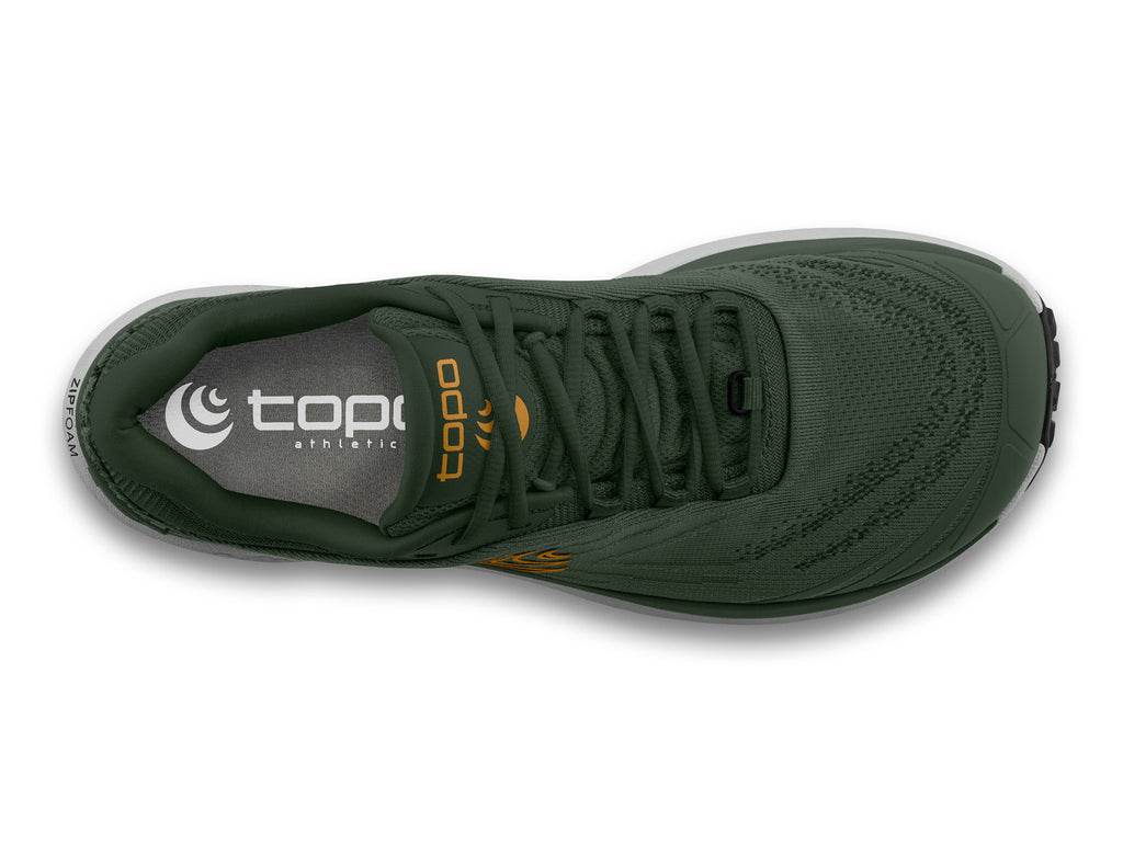 Men's Topo Pursuit 3. Green upper. Grey midsole. Top view.