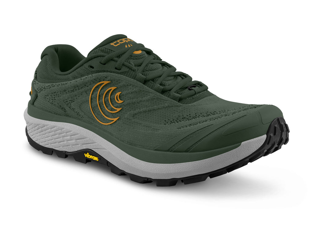 Men's Topo Pursuit 3. Green upper. Grey midsole. Lateral view.