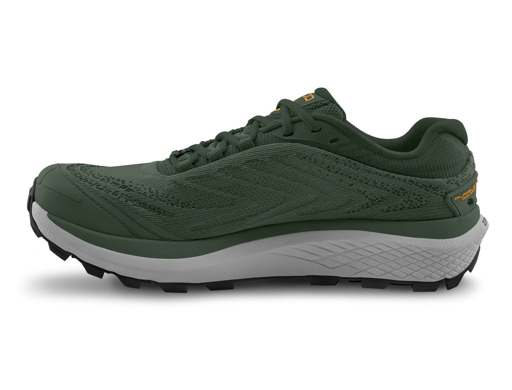 Men's Topo Pursuit 3. Green upper. Grey midsole. Medial view.