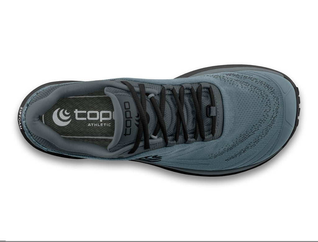 Men's Topo Pursuit 2. Dark Grey upper. Black midsole. Top view.