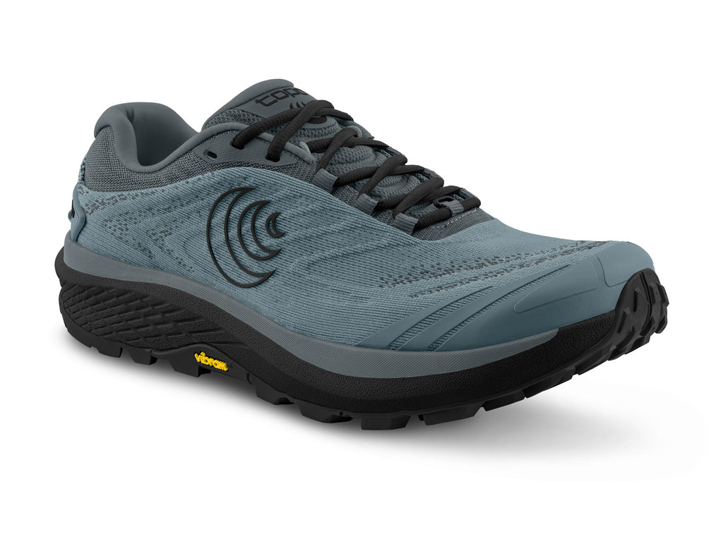 Men's Topo Pursuit 2. Dark Grey upper. Black midsole. Lateral view.