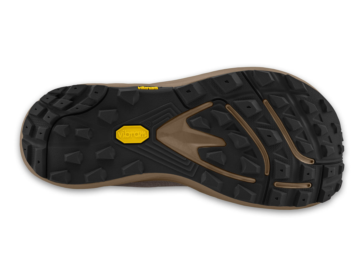 Men's Topo Pursuit 3. Brown upper. Bown midsole. Bottom view.