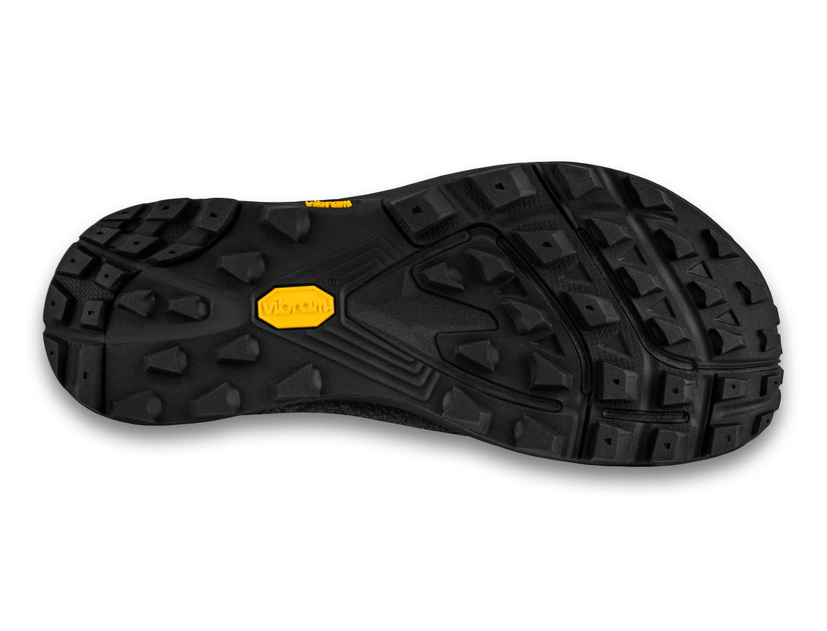 Men's Topo Athletic Rekovr 2. Dark grey upper. Black midsole. Bottom view.
