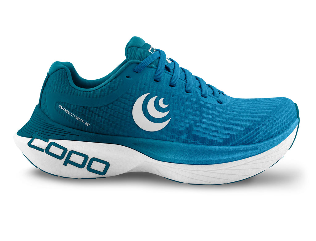 Men's Topo Specter 2. Blue upper. White midsole. Lateral view.