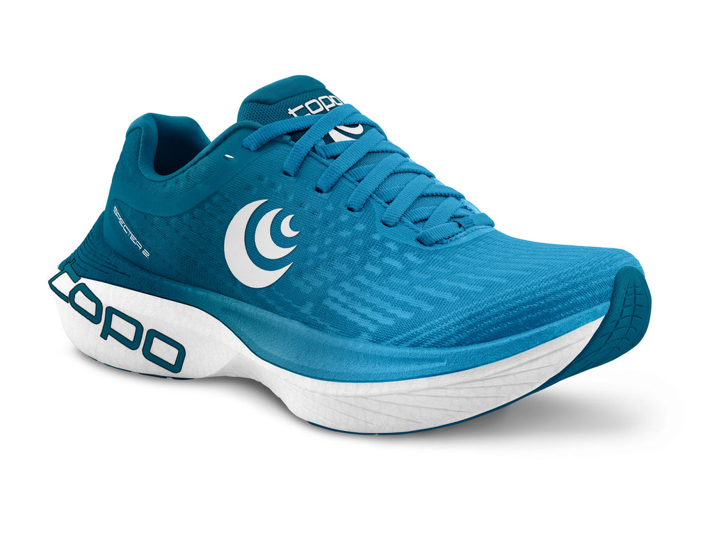 Men's Topo Specter 2. Blue upper. White midsole. Lateral view.