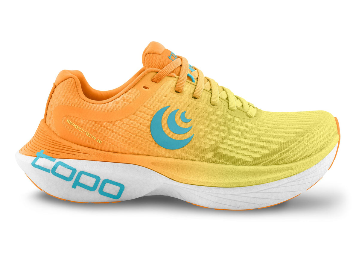 Men's Topo Specter 2. Orange upper. White midsole. Lateral view.