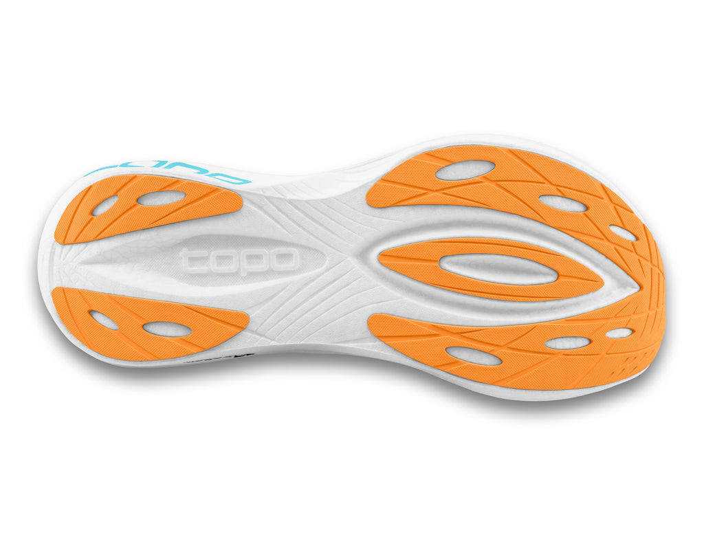 Men's Topo Specter 2. Orange upper. White midsole. Bottom view.