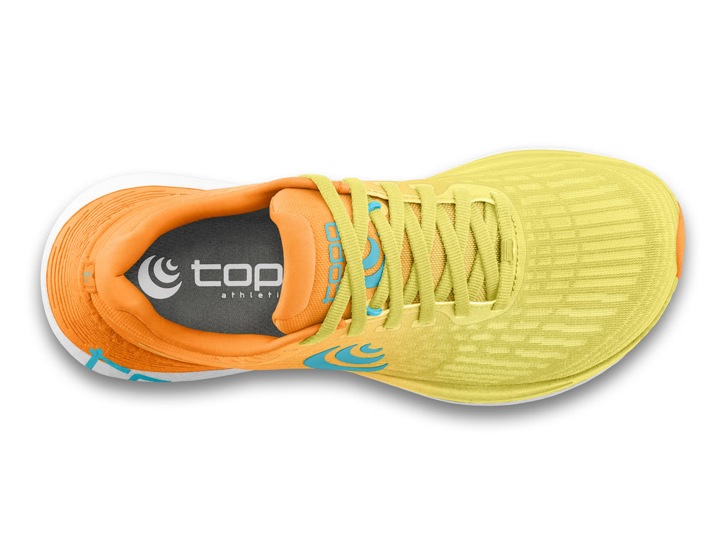 Men's Topo Specter 2. Orange upper. White midsole. Top view.
