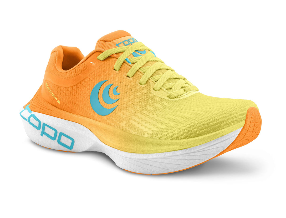 Men's Topo Specter 2. Orange upper. White midsole. Lateral view.