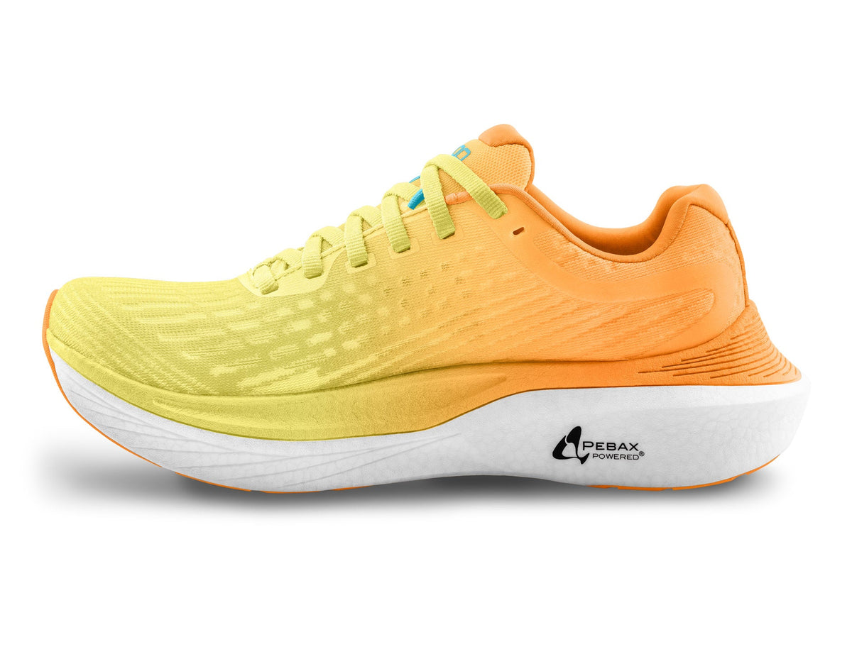 Men's Topo Specter 2. Orange upper. White midsole. Medial view.