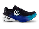 Men's Topo Specter 3. Black upper. Blue midsole. Lateral view.