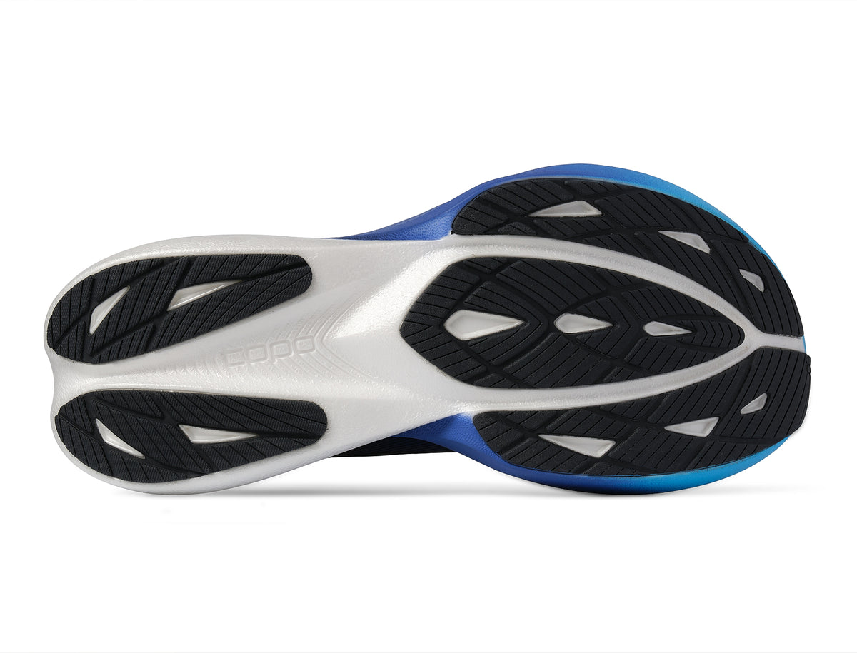 Men's Topo Specter 3. Black upper. Blue midsole. Bottom view.
