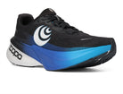 Men's Topo Specter 3. Black upper. Blue midsole. Lateral view.
