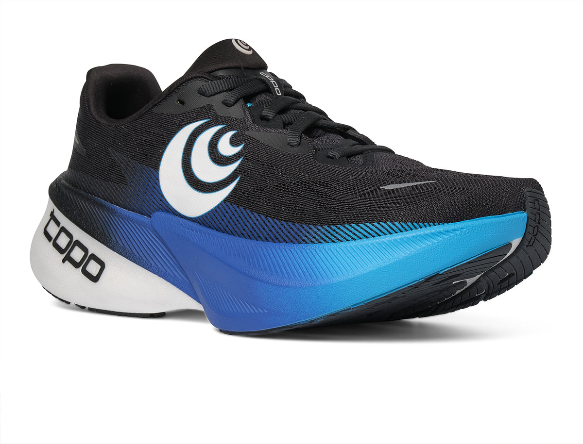 Men's Topo Specter 3. Black upper. Blue midsole. Lateral view.