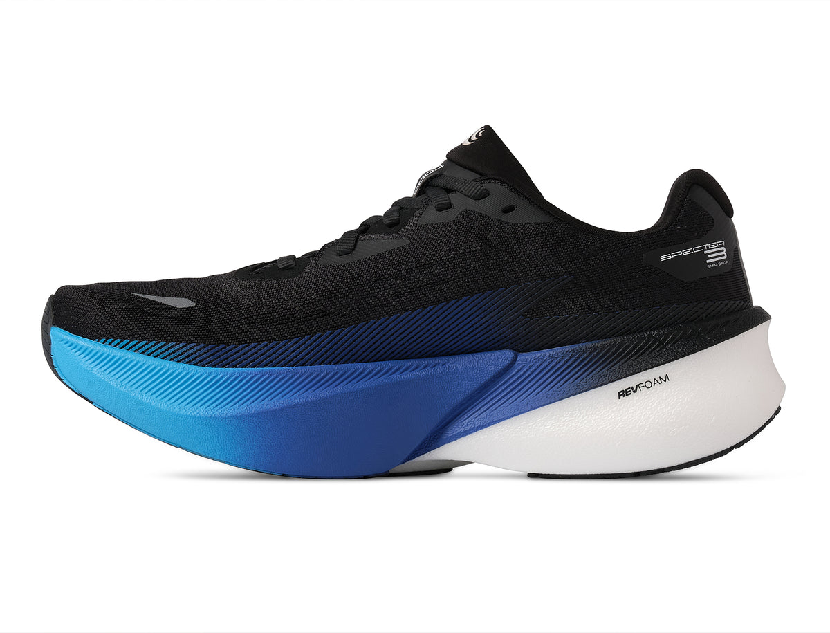 Men's Topo Specter 3. Black upper. Blue midsole. Medial view.