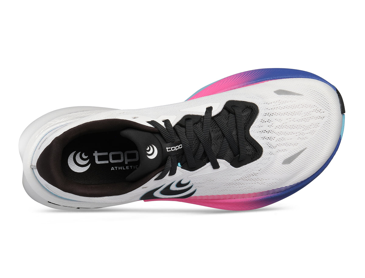 Men's Topo Specter 3. White upper. White/Teal midsole. Top view.