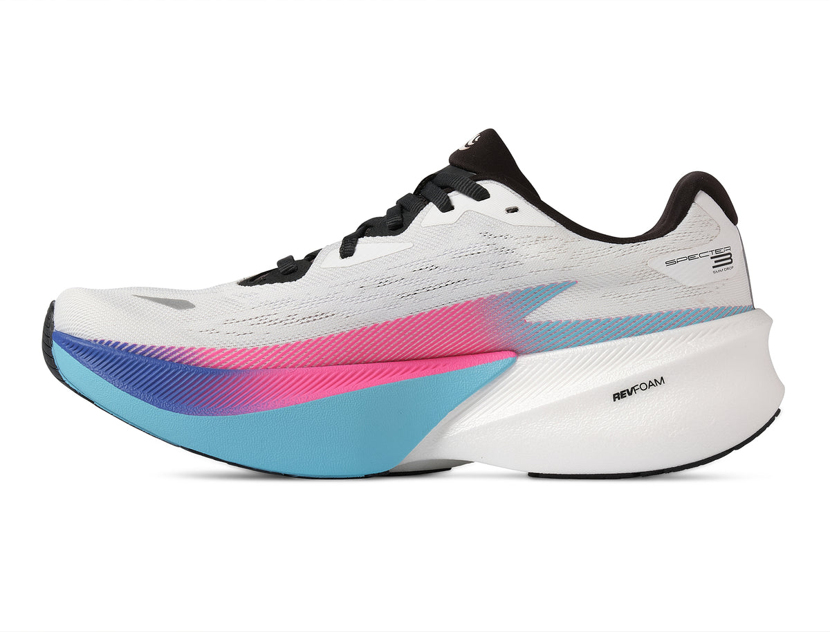 Men's Topo Specter 3. White upper. White/Teal midsole. Medial view.