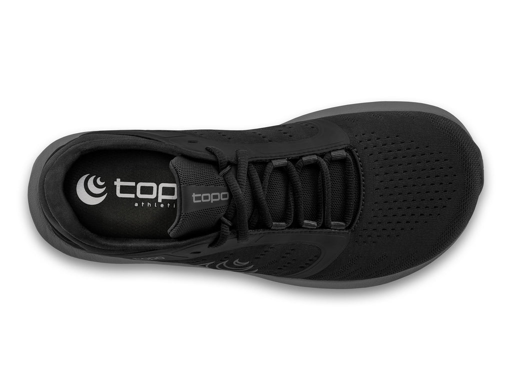 Men's Topo Athletic ST-5. Black upper. Dark grey midsole. Top view.