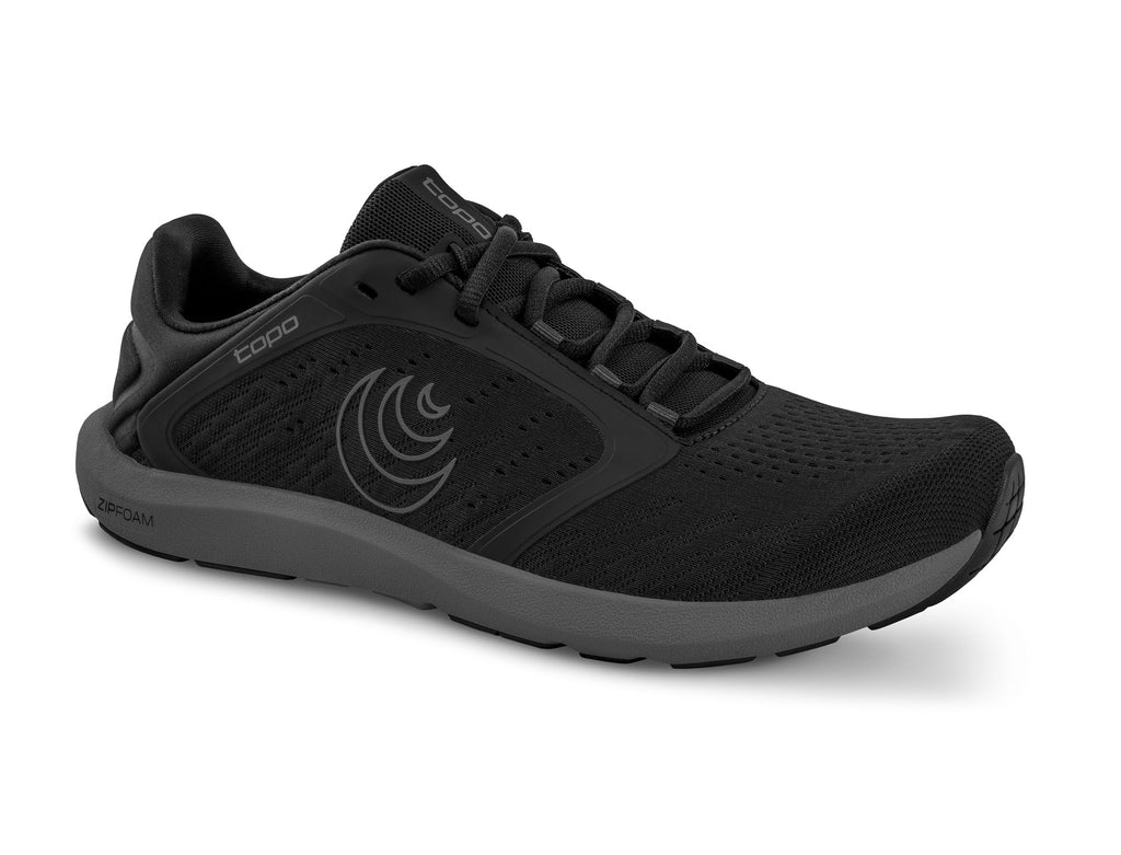 Men's Topo Athletic ST-5. Black upper. Dark grey midsole. Lateral view.