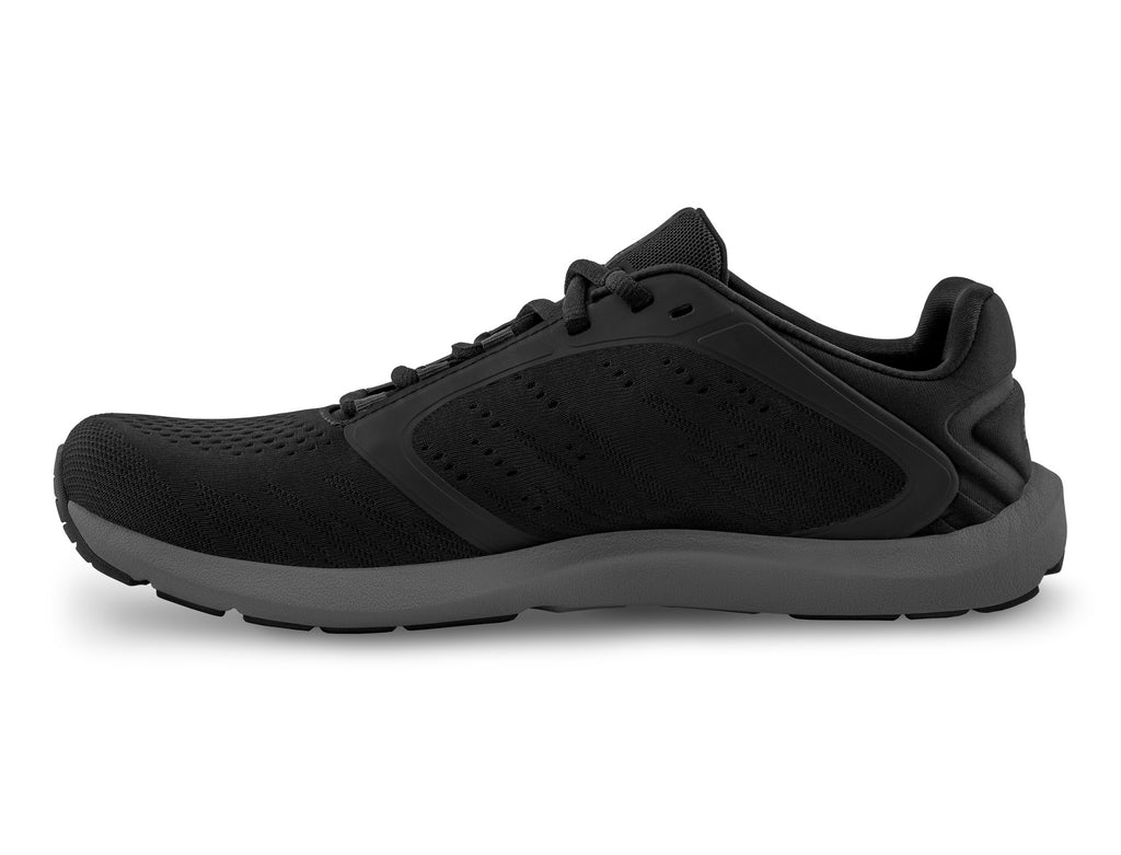 Men's Topo Athletic ST-5. Black upper. Dark grey midsole. Medial view.