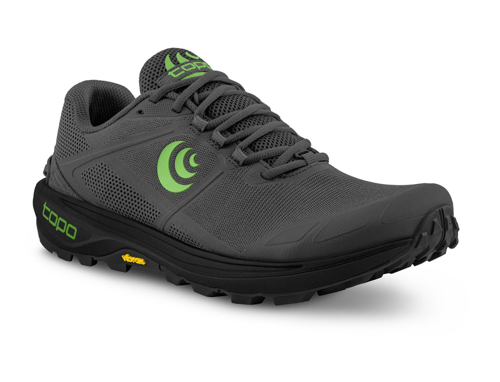 Men's Topo Athletic Terraventure 4. Dark grey upper. Black midsole. Lateral view.