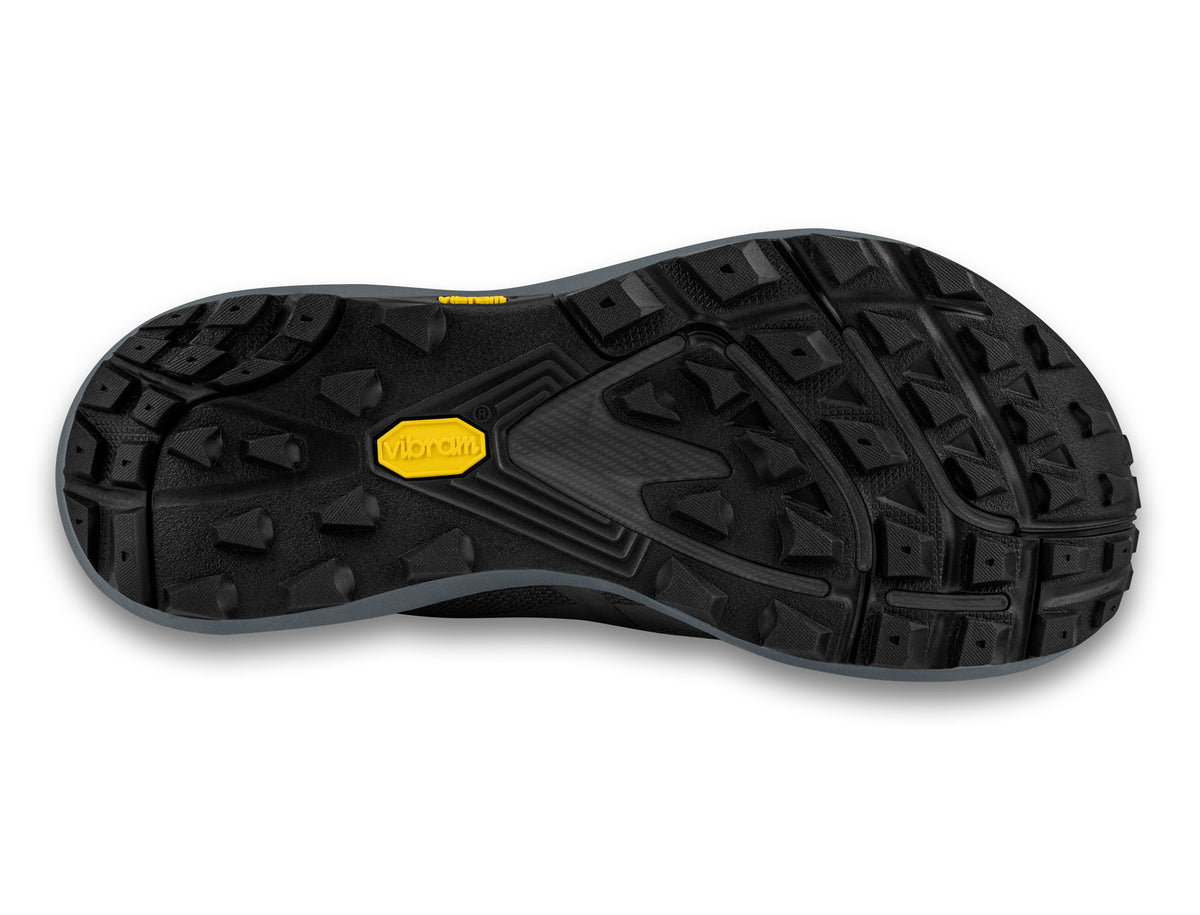 Men's Topo Terraventure  WP. Black upper. Dark Grey midsole. Bottom view.