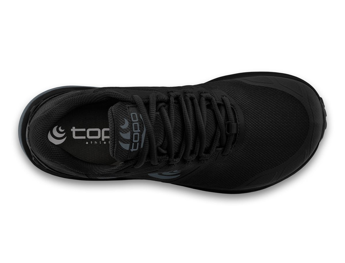 Men's Topo Terraventure  WP. Black upper. Dark Grey midsole. Top view.