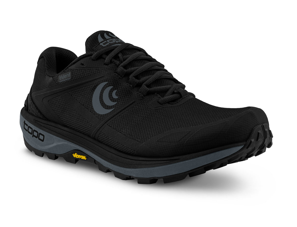 Men's Topo Terraventure  WP. Black upper. Dark Grey midsole. Lateral view.