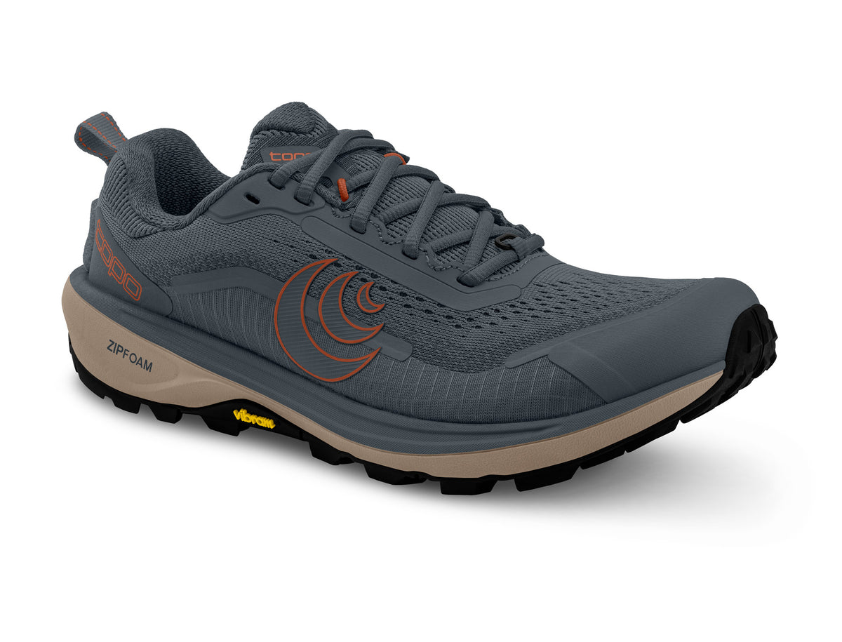 Men's Topo Terraventure 5. Grey upper. Light Grey midsole. Lateral view.