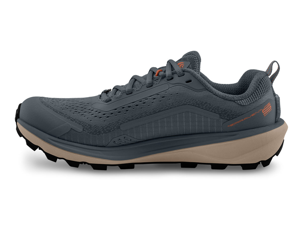 Men's Topo Terraventure 5. Grey upper. Light Grey midsole. Medial view.