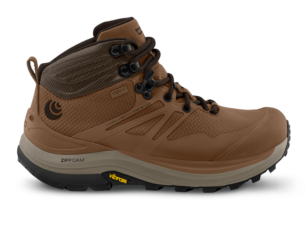 Men's Topo Trailventure 2 WP. Brown upper. Tan midsole. Lateral view.